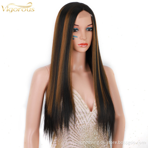 Long Straight Hair Extension Wigs 26 Inches Highlight Heat Resistant Full Cheap Women Synthetic Hair Wig With Lace Front